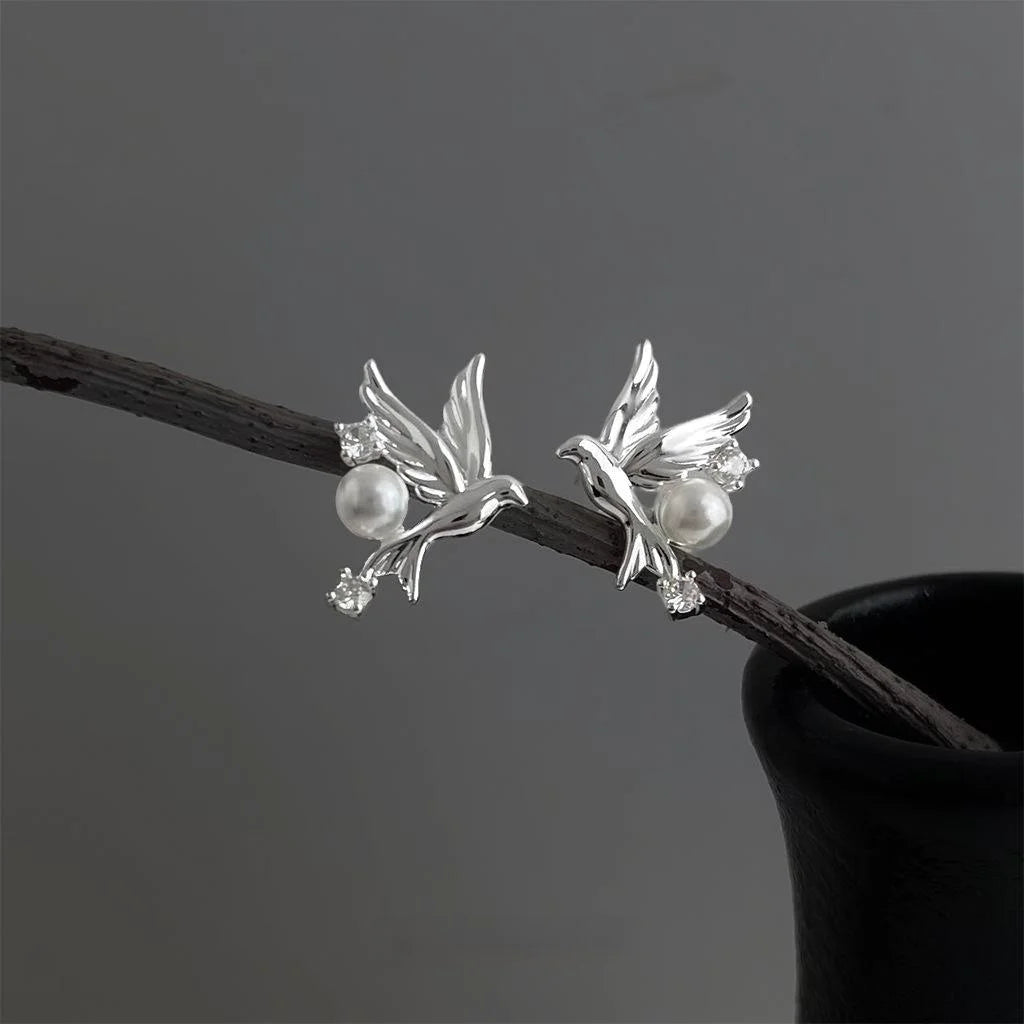 Original Bird Zircon Eco Copper Stud Earrings New Chinese Style Silver Plated Pin Jewelry