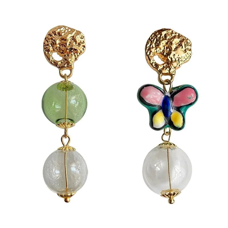 Original Designer Asymmetric Glass Bubble Ball Ceramic Butterfly Copper Drop Earrings
