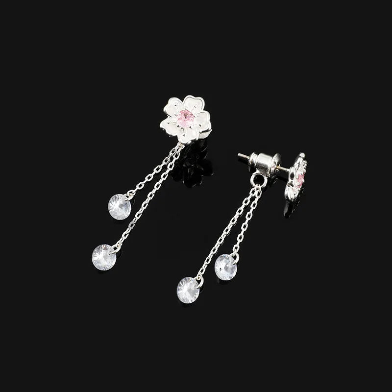 Elegant Pink Zircon Sakura Flower Long Tassel Alloy Stud & Clip On No Piercing Dangle Earrings