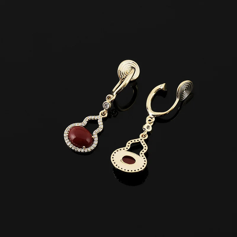 Vintage Red Gourd Zircon Drop Stud & Clip On No Piercing New Chinese Style Luxury Earrings