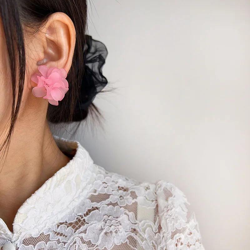 Elegant Pink Acrylic Flower Petal Stud & Clip On No Piercing French Fairy Forest Handmade Earrings