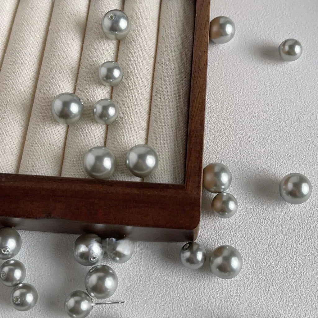 Elegant Gray Faux Pearl Stud Earrings Silver Plated Pin Minimalist Round Fashion Jewelry