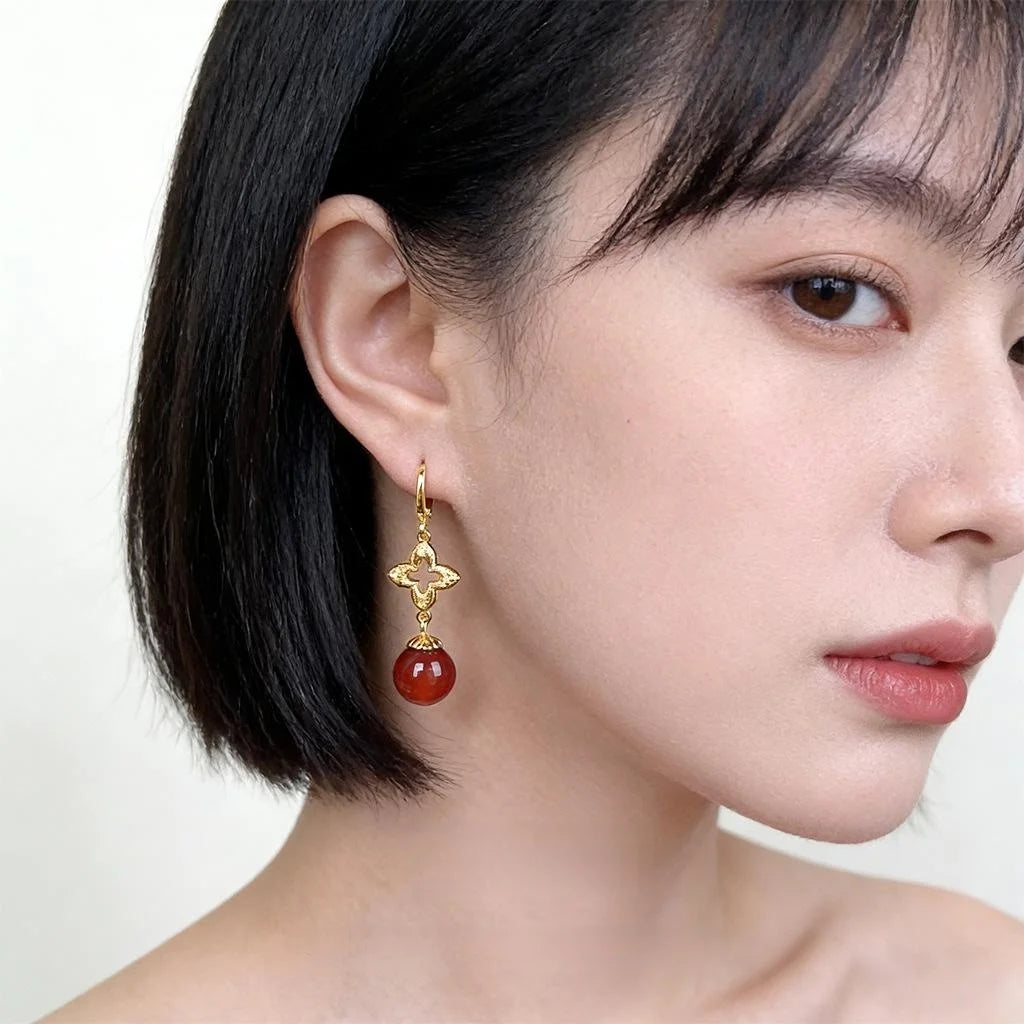 Vintage Palace Style Red Agate Zircon Copper Geometric Round Drop Earrings