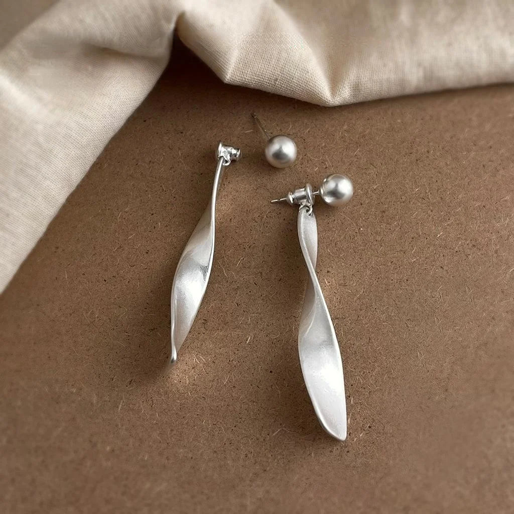 Matte Silver Plated Copper Geometric Drop Earrings, Two Way Curved Long Old Money Style