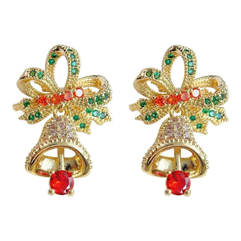 14K Gold Plated Copper Micro Pave Zircon Bow Christmas Bell Drop Earrings