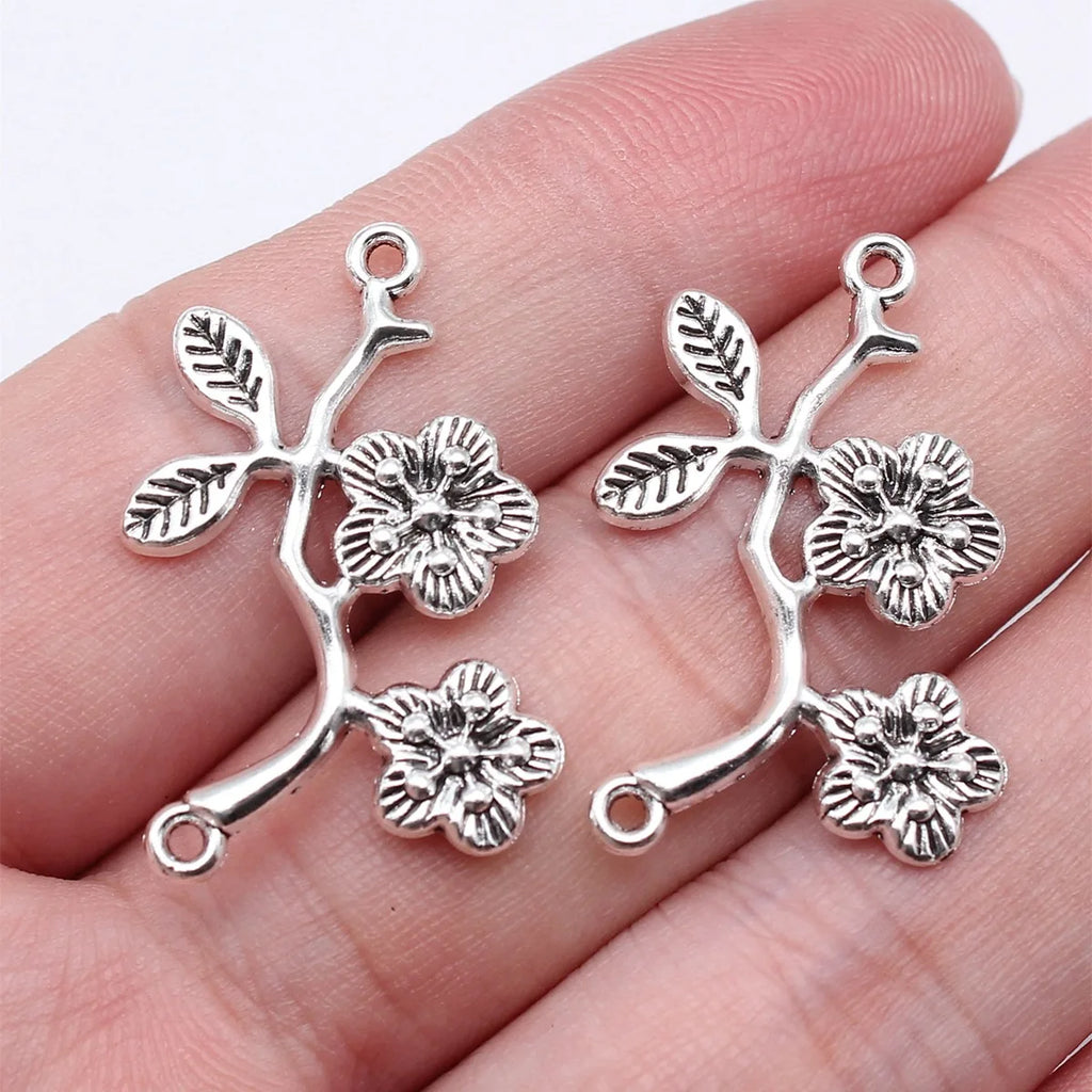 32x24mm 1.5g Antique Silver Zinc Alloy Flower Branch Pendant Connector Charm for DIY Jewelry Making