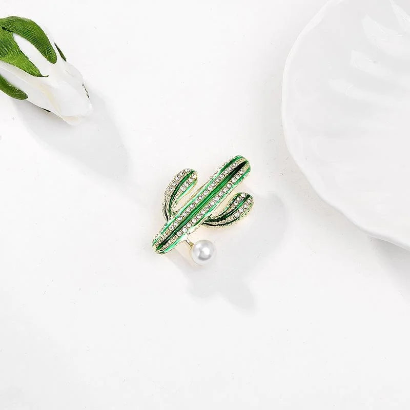 Elegant Green Enamel Cactus Brooch With Rhinestone Stripes And Pearl Accent, Women's Lapel Pin Gift