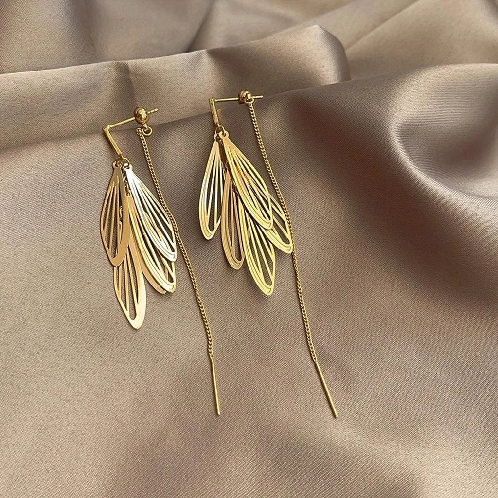 14K Gold Plated Copper Wing Leaf Tassel Drop Earrings Light Luxury Forest Style