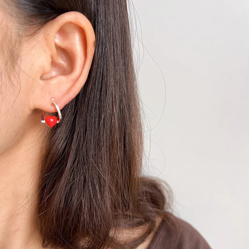 Elegant Red Enamel Heart Hoop Stud & Clip On No Piercing Silver Alloy Screw Back Women's Earrings