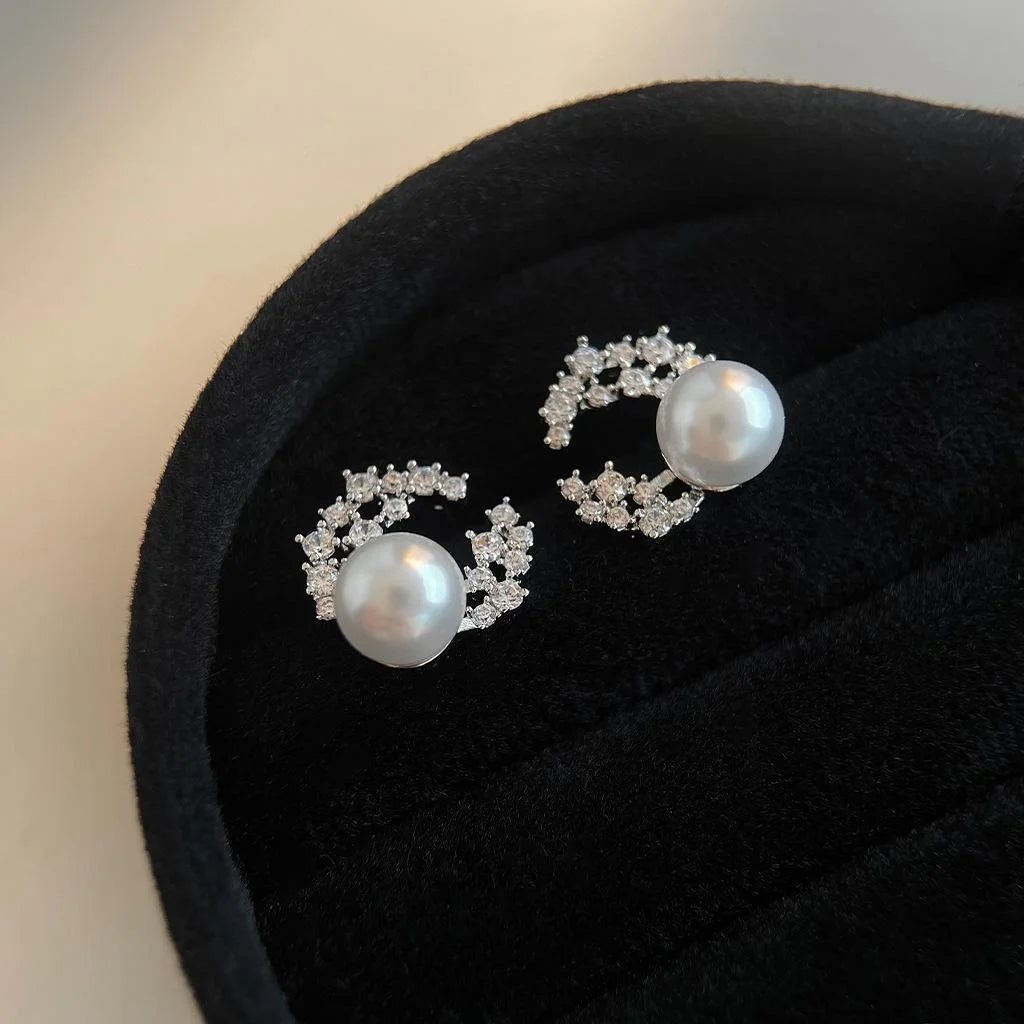 Geometric Moon Star Zircon Pearl Drop Earrings Silver Plated Needle Style Designer Jewelry