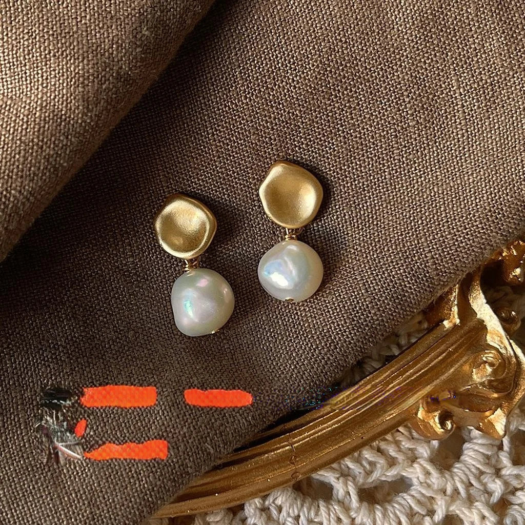 Baroque Freshwater Pearl Stud Earrings Matte Silver Plated Copper Geometric Vintage Jewelry