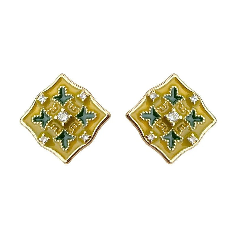 Light Luxury Copper Enamel Geometric Flower Stud Earrings With Zircon And Silver Plated Pins