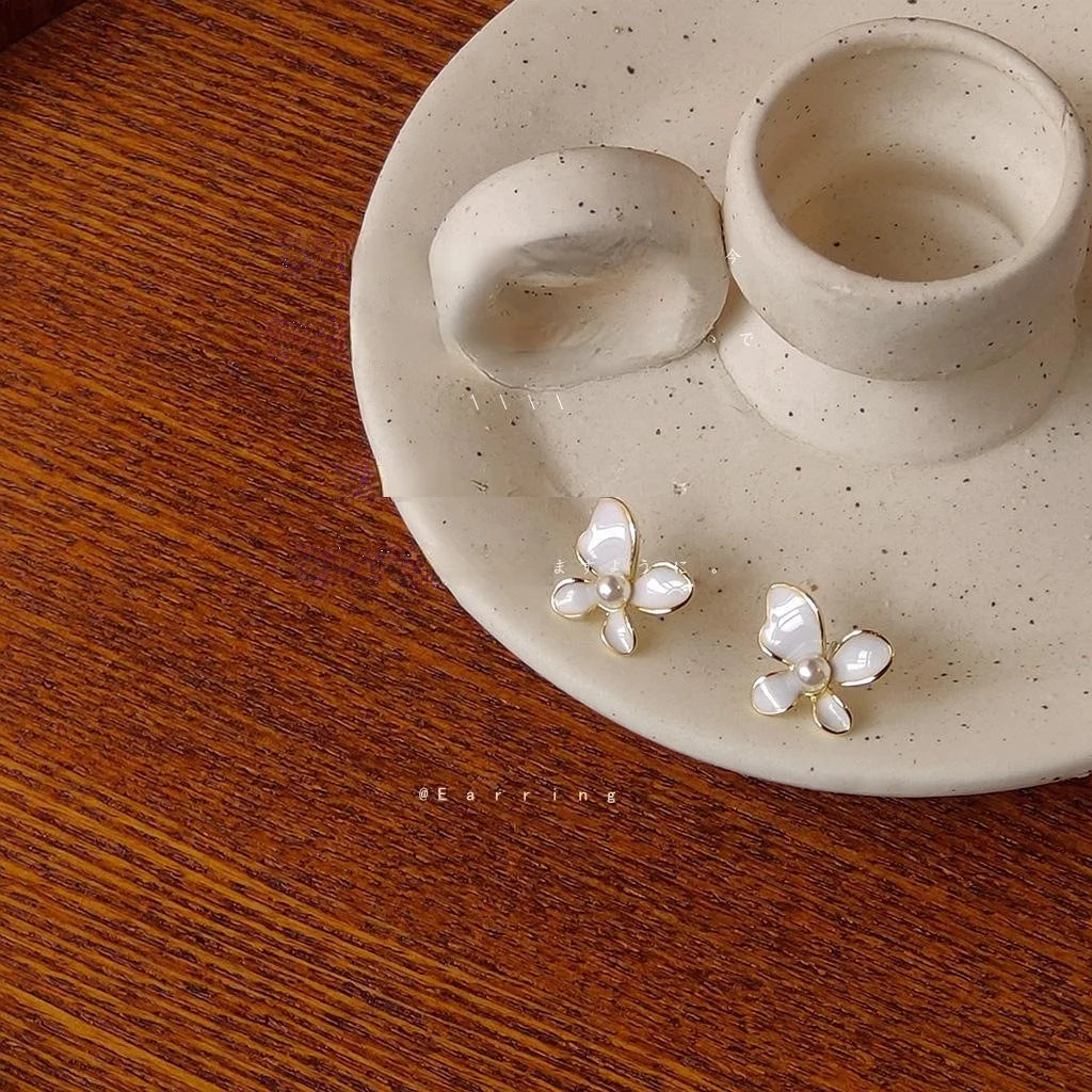 14K Gold Plated Alloy Small Flower Enamel Stud Earrings With Silver Plated Pins