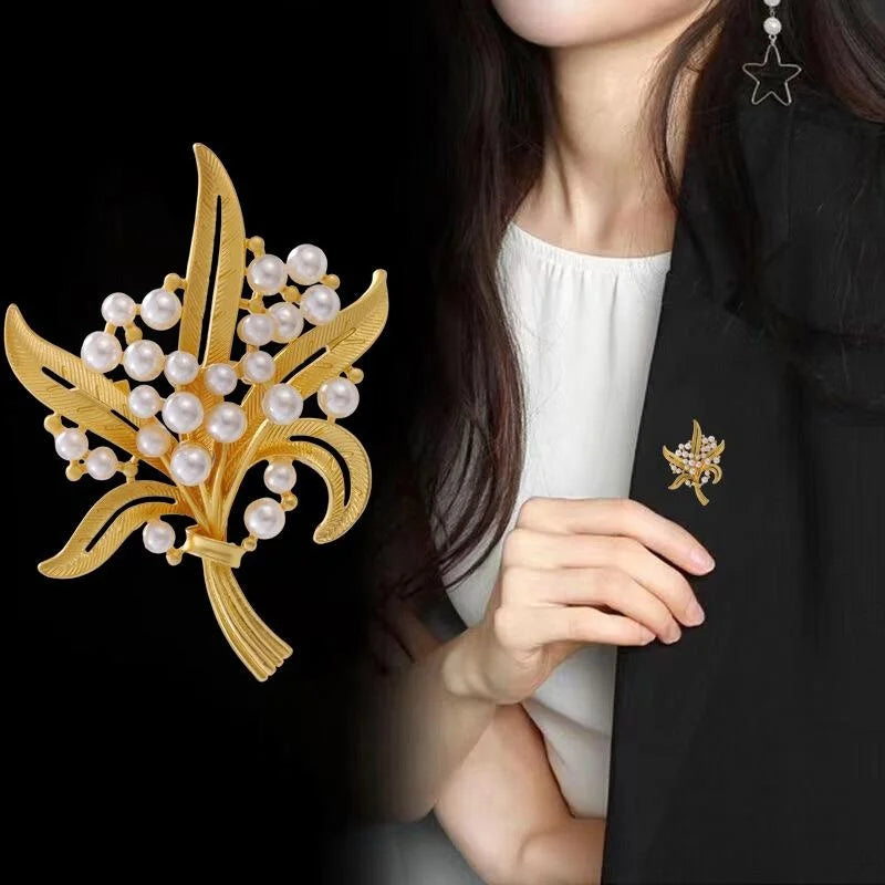 Elegant Gold Alloy Leaf Bouquet Brooch With Faux Pearls, Women's Lapel Pin Corsage Suit Accessory Gift