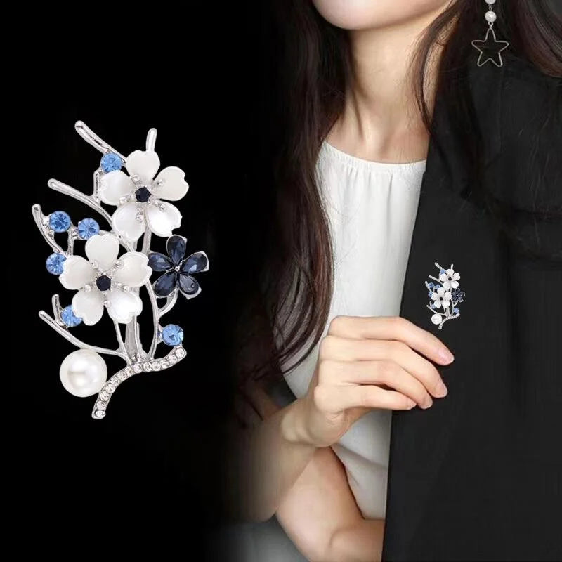 Elegant Pearl Peach Blossom Branch Brooch With Rhinestone Alloy Lapel Pin Corsage Suit Accessory Gift