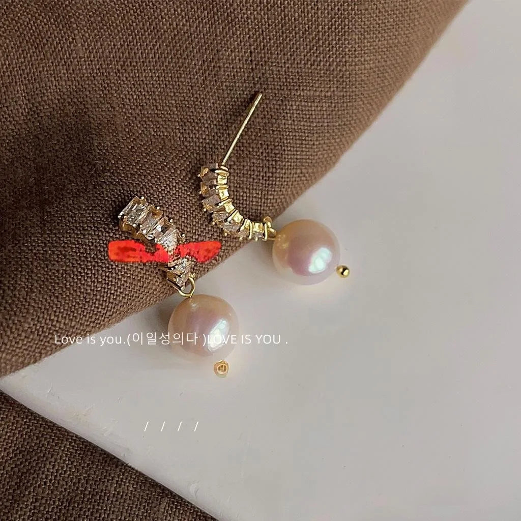 Light Luxury Irregular Freshwater Pearl Stud Earrings With Micro Pave Zircon Curved Copper Design
