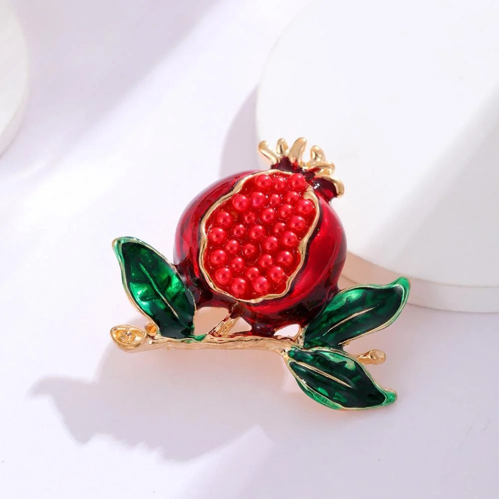 Elegant Enamel Alloy Pomegranate Brooch With Green Leaves, Fruit Lapel Pin Corsage Suit Sweater Accessory Gift