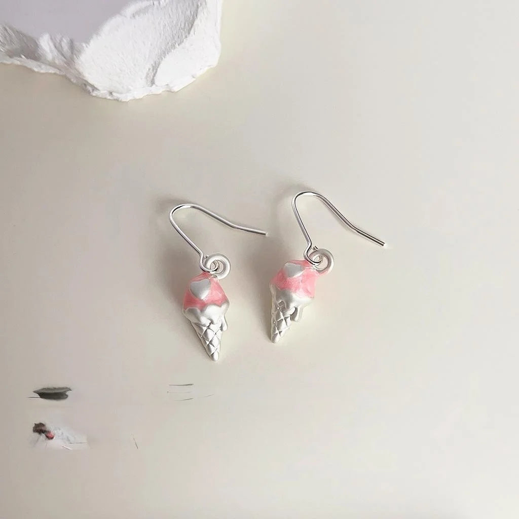 Cute Pink Melting Ice Cream Cone Copper Drop Earrings, Korean Summer Sweet Novelty Jewelry