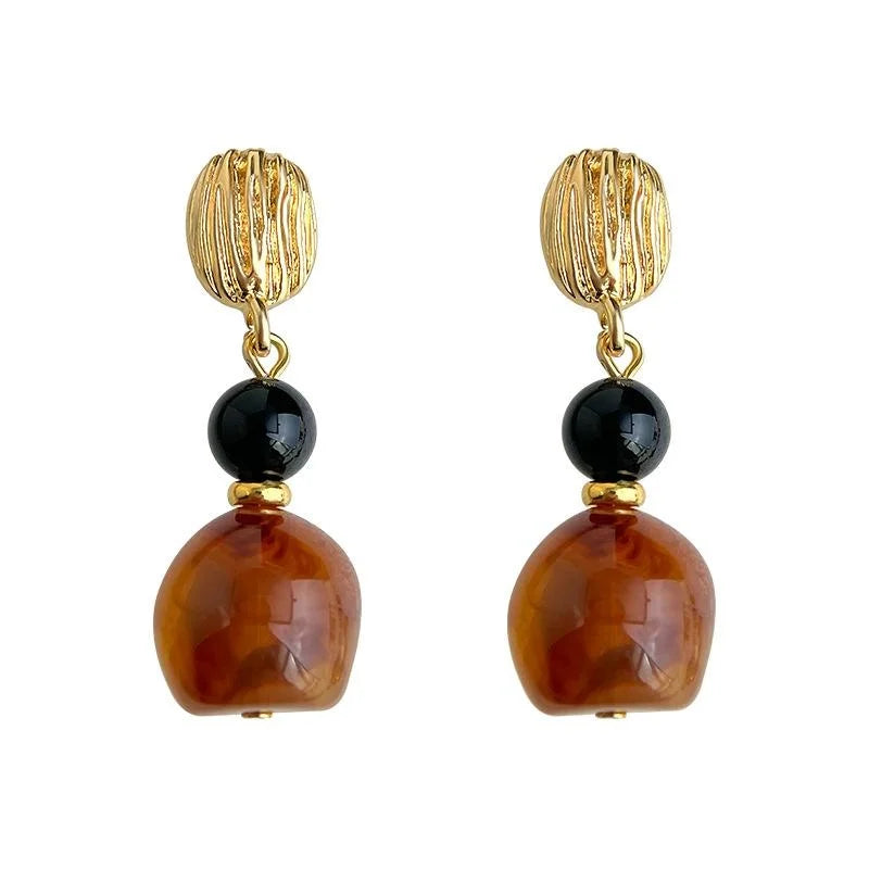 Handmade Maillard Style Ombre Resin Black Onyx Geometric Tassel Drop Earrings With Copper
