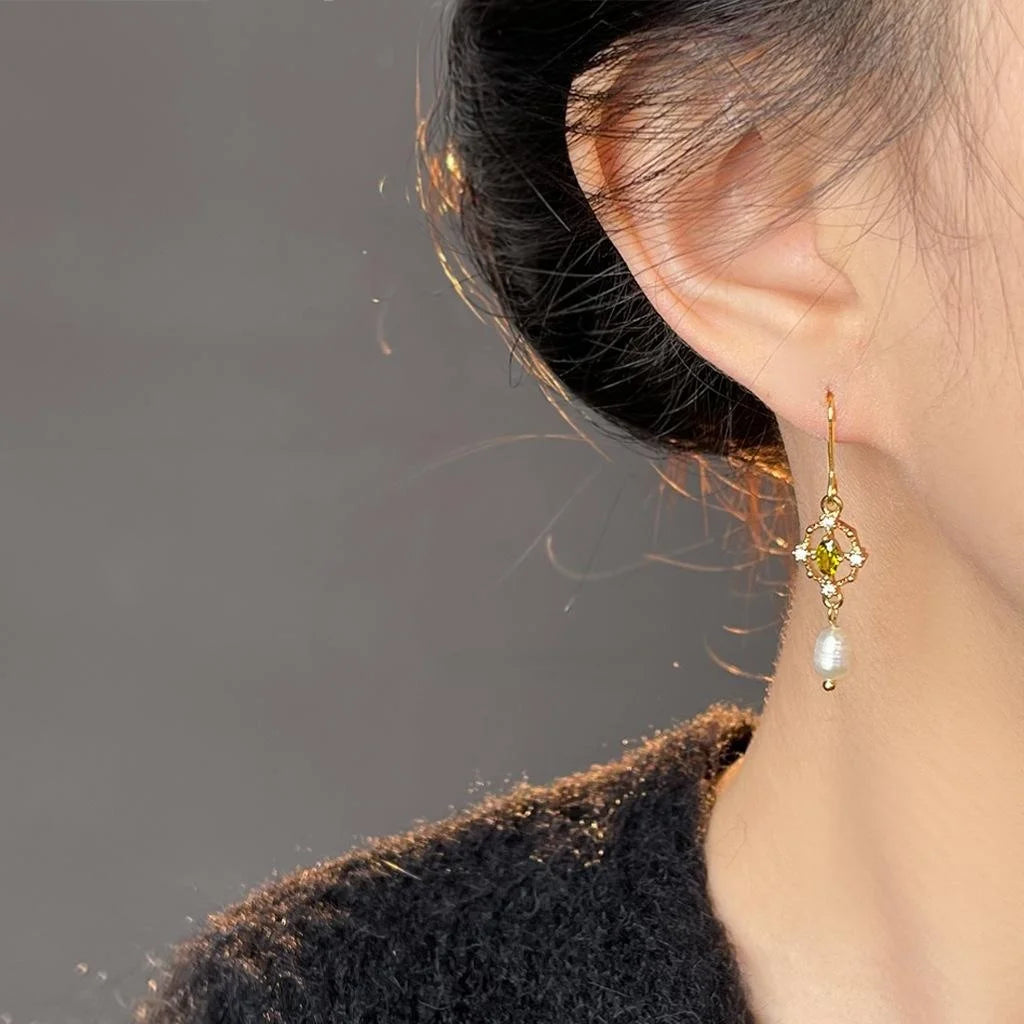 Freshwater Pearl Drop Earrings 14K Plated Micro Pave Zircon Geometric Oval Hoop Minimalist Style