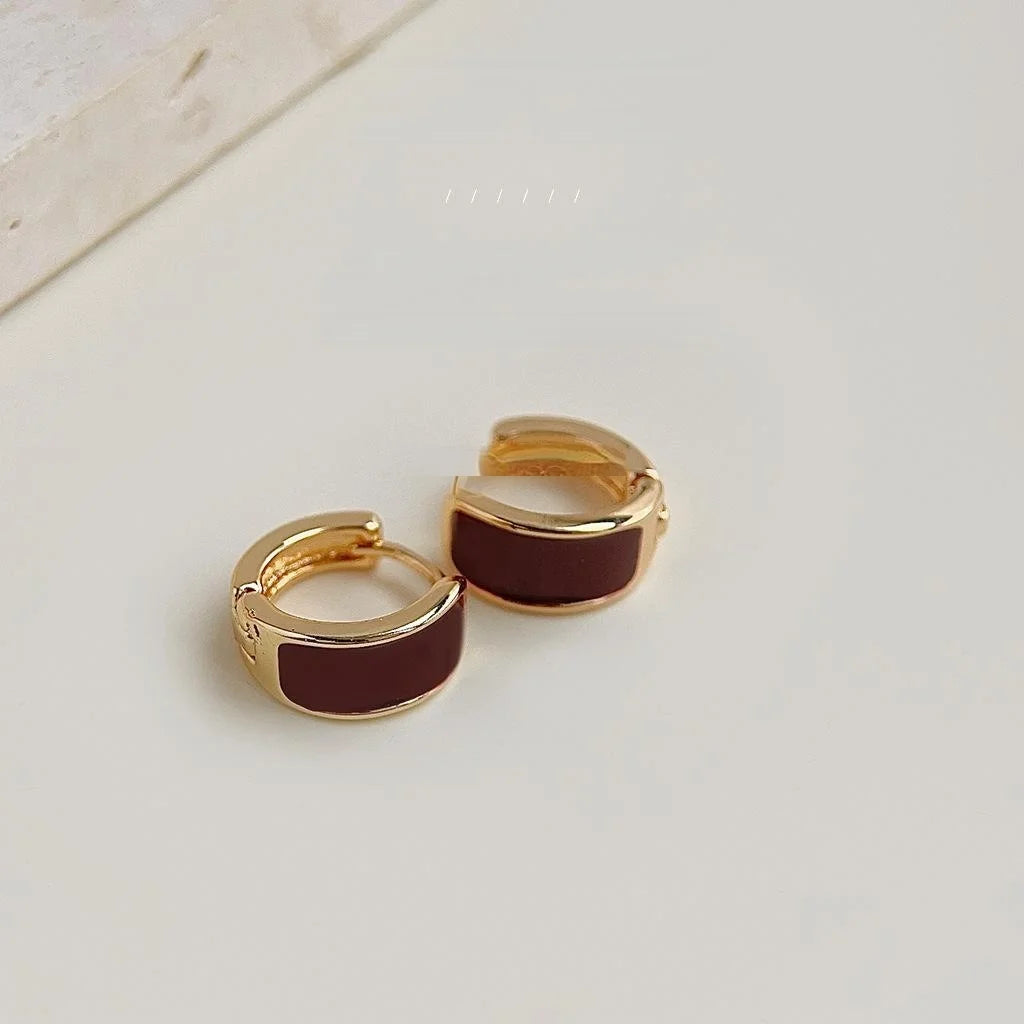 Vintage Hong Kong Style Burgundy Enamel 14K Gold Plated Copper Geometric Stud Earrings