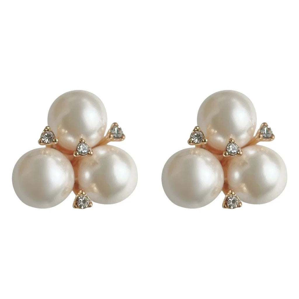 French Vintage Copper Glass Pearl Flower Stud Earrings With Micro Pave Zircon For Women