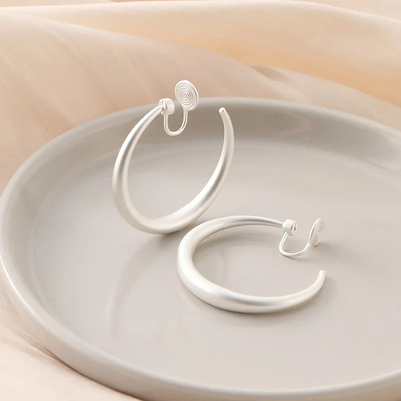 Matte Silver Alloy Open Hoop With Spiral Disc, Minimalist Stud & Clip On No Piercing Earrings