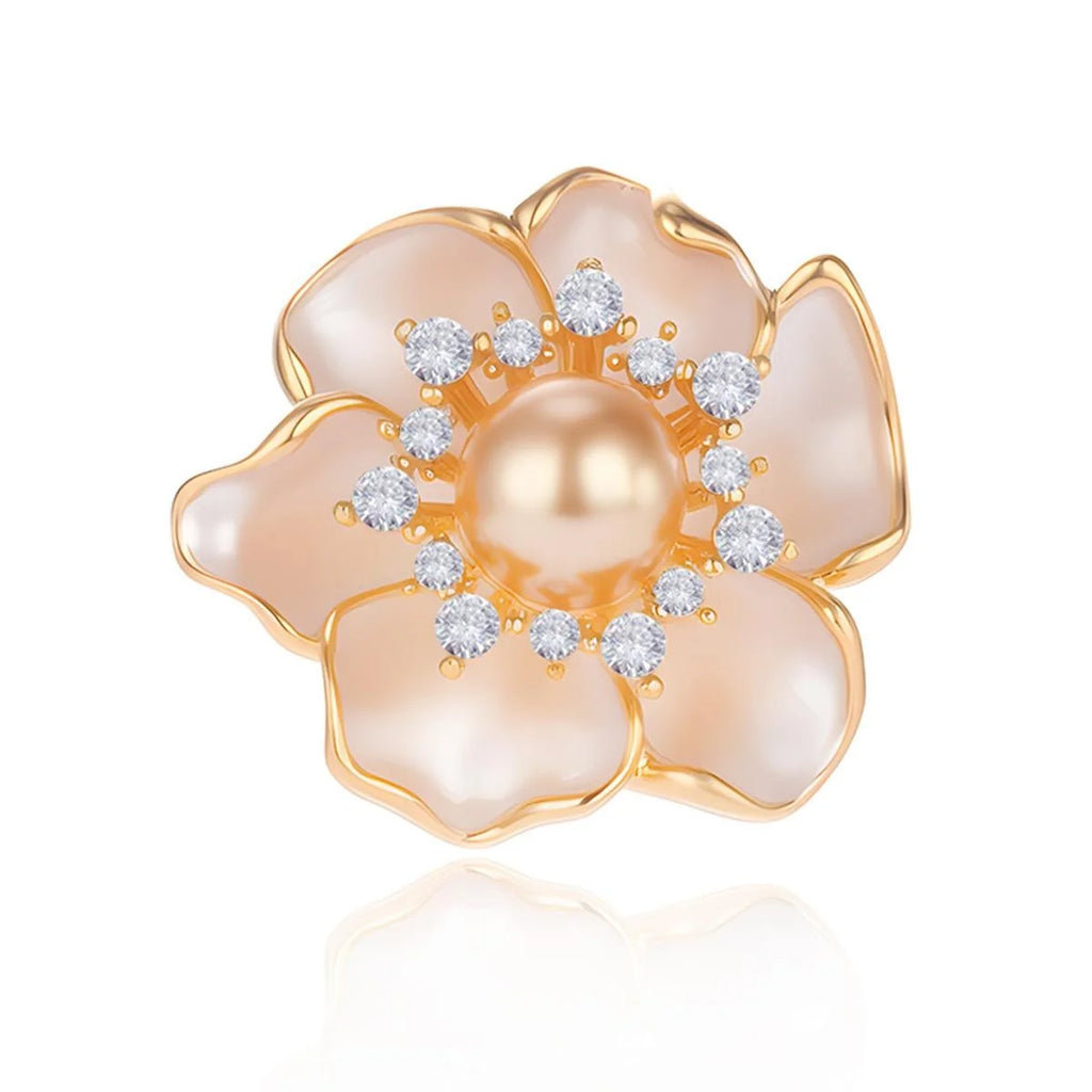 Elegant Camellia Flower Brooch With Pearl Center And Rhinestone Halo, Luxury Lapel Pin Corsage Gift