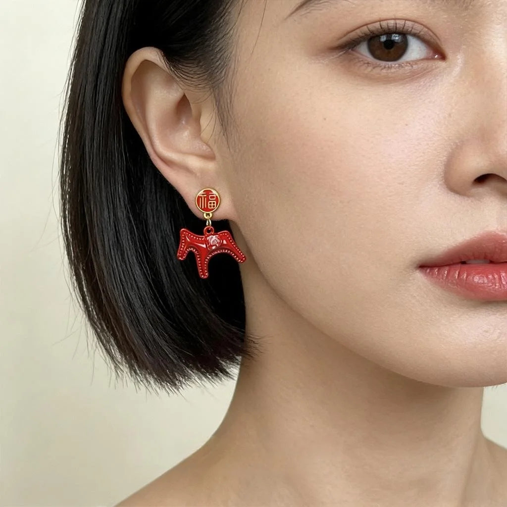Lucky Horse Chinese New Year Copper Enamel Drop Earrings