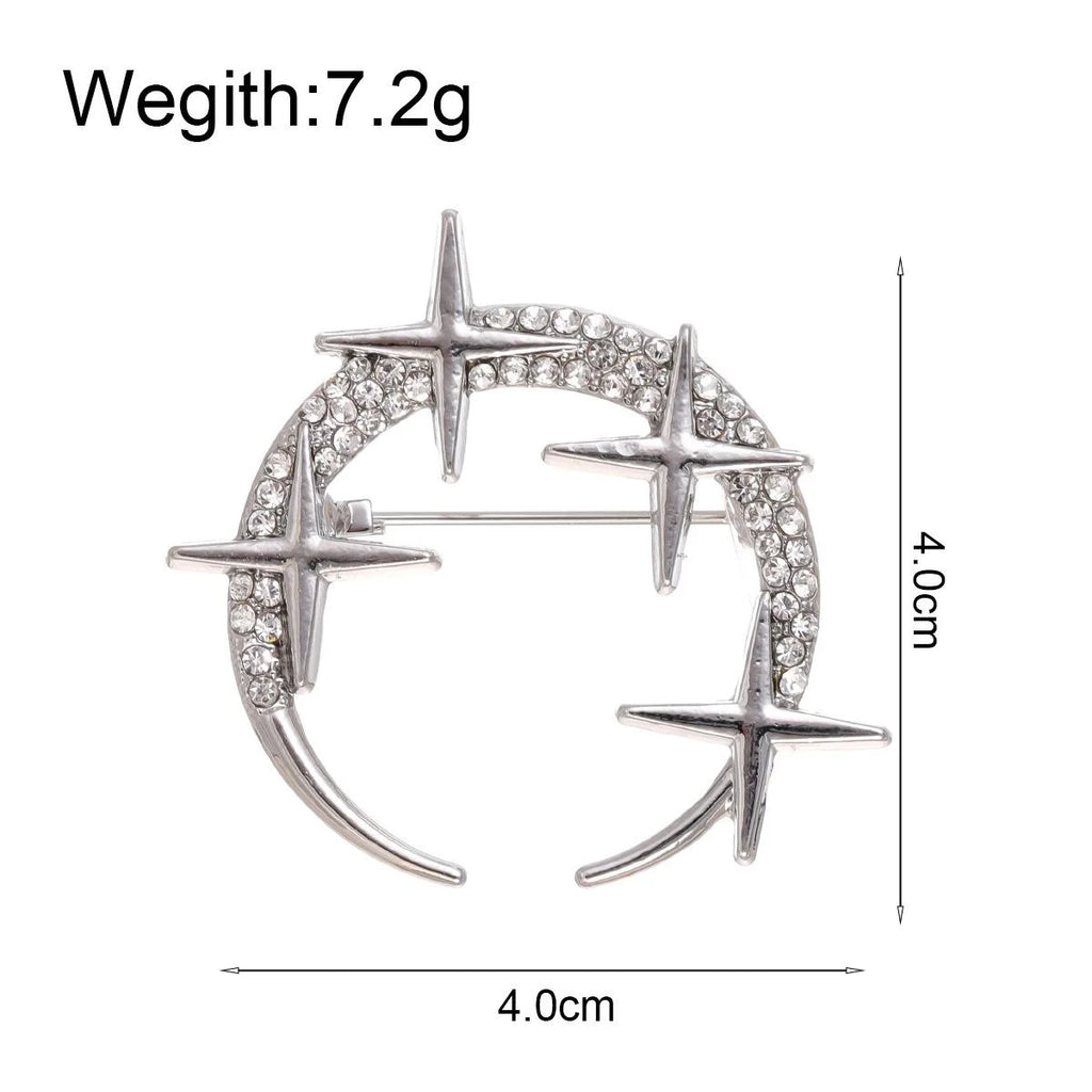 Elegant Rhinestone Crescent Moon And Star Alloy Brooch For Women, Sparkling Lapel Pin Corsage Gift