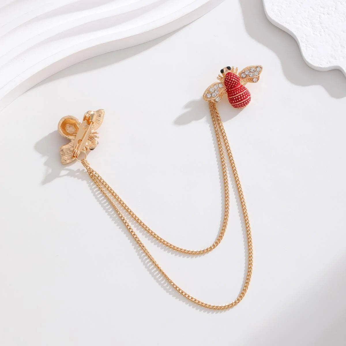 Vintage Red Enamel Bee Brooch With Rhinestone Wings And Double Chain, Elegant Lapel Pin Suit Accessory