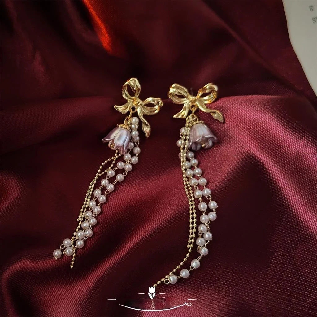Forest Style Handmade Copper Bow Pearl Tassel Stud Earrings With Silver Plated Pins