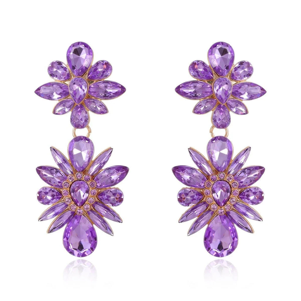 Luxury Purple Rhinestone Crystal Flower Alloy Drop Earrings For Women Wedding Party Banquet Jewelry Gift