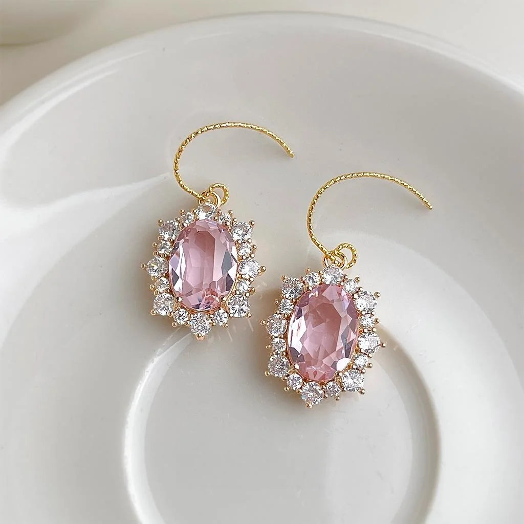 French Light Luxury Micro Pave Zircon Oval Pink Gemstone Drop Earrings For Women