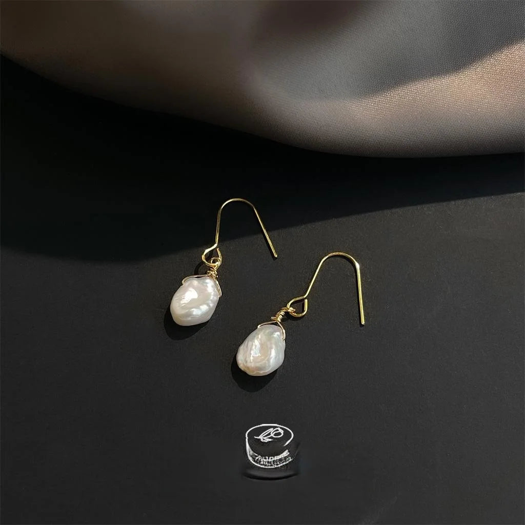 14K Gold Plated Baroque Freshwater Pearl Drop Earrings Handmade Irregular Minimalist Jewelry