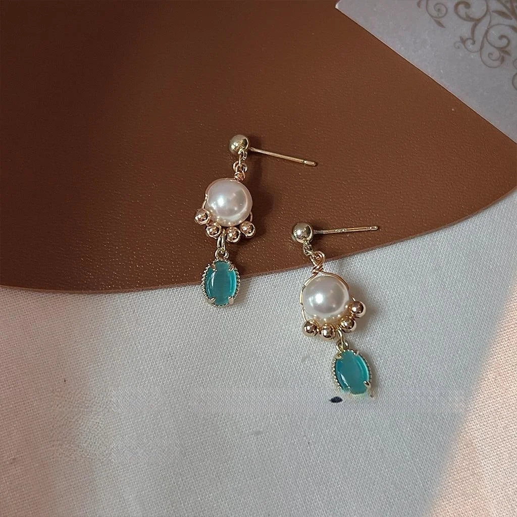 Forest Style Round Glass Cat Eye Stone Stud Earrings 14K Plated Copper Geometric Jewelry
