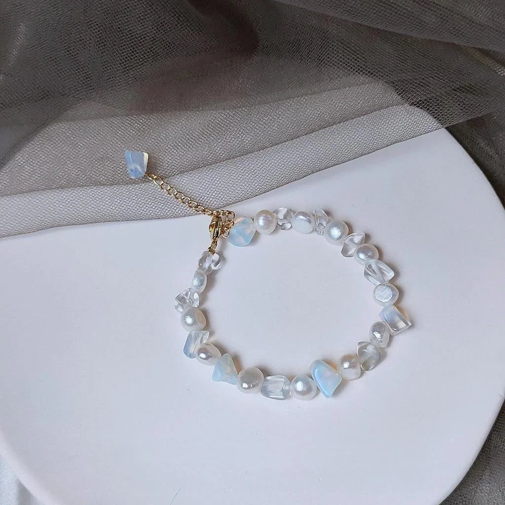 14K Gold Plated Glass Moonstone Pearl Bracelet French Vintage Geometric Circle Jewelry