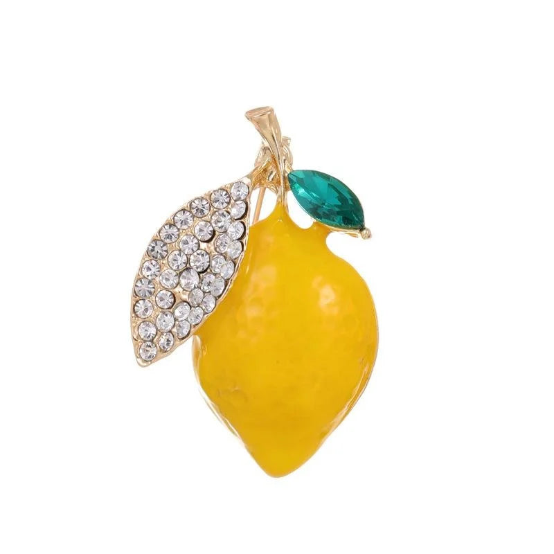 Cute Yellow Enamel Lemon Brooch With Rhinestone Leaf, Elegant Fruit Lapel Pin Corsage Suit Accessory Gift