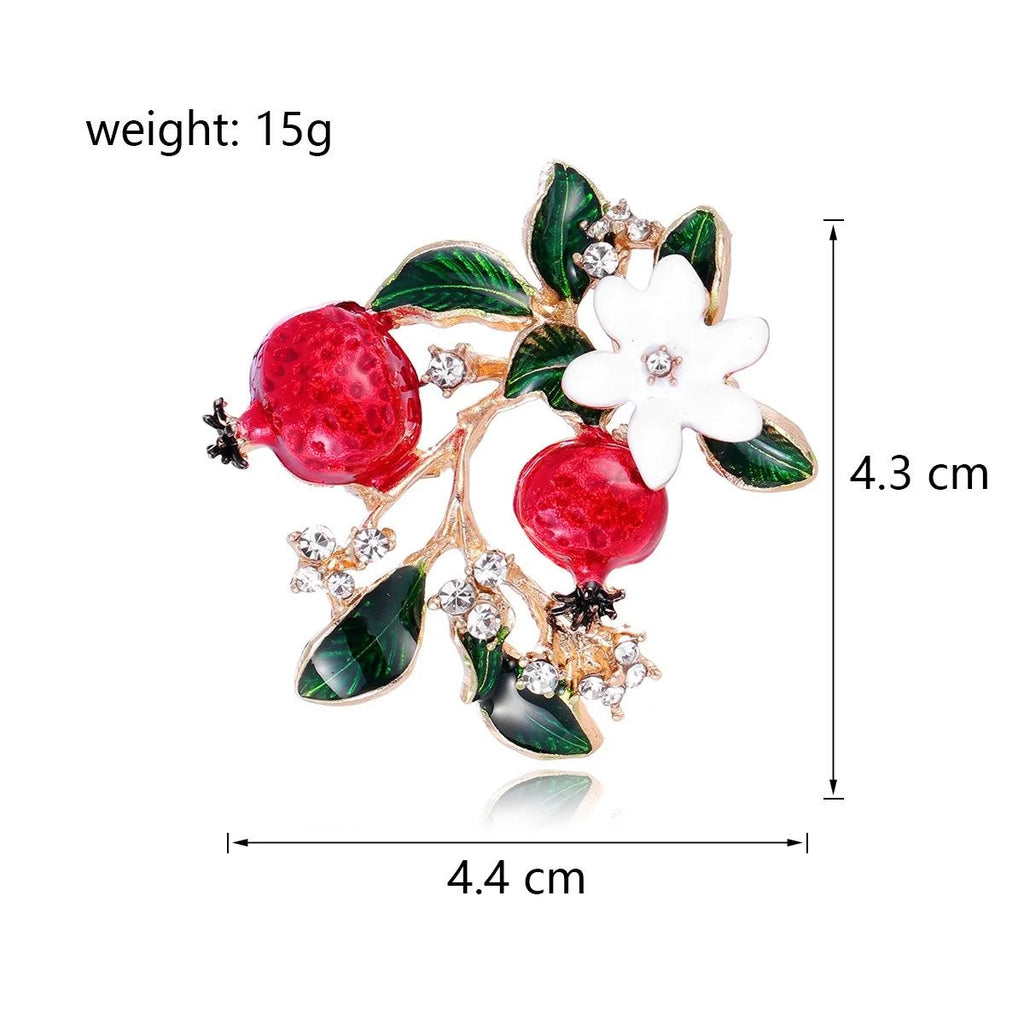 Elegant Enamel Pomegranate Flower Brooch With Rhinestones, Alloy Fruit Leaf Lapel Pin Suit Accessory Gift