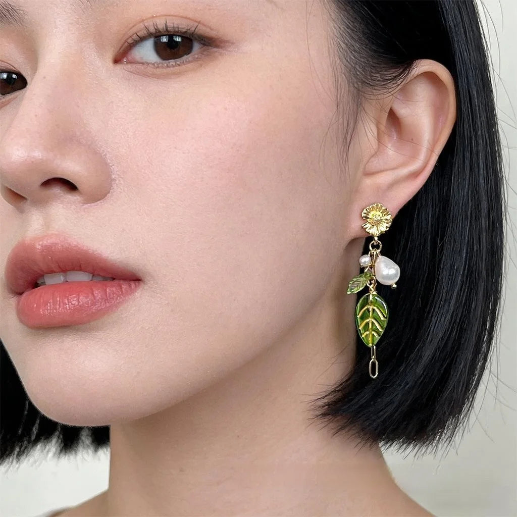 Natural Freshwater Pearl Floral Leaf Tassel Drop Earrings Handmade Forest Style Jewelry