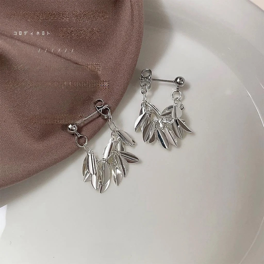 Handmade Silver Leaf Tassel Chain Drop Earrings Copper New Chinese Light Luxury Jewelry