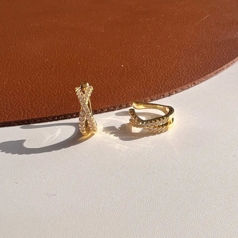 Elegant X Cross Zircon Ear Cuff Stud & Clip On No Piercing Layered Gold Alloy Women'S Earrings
