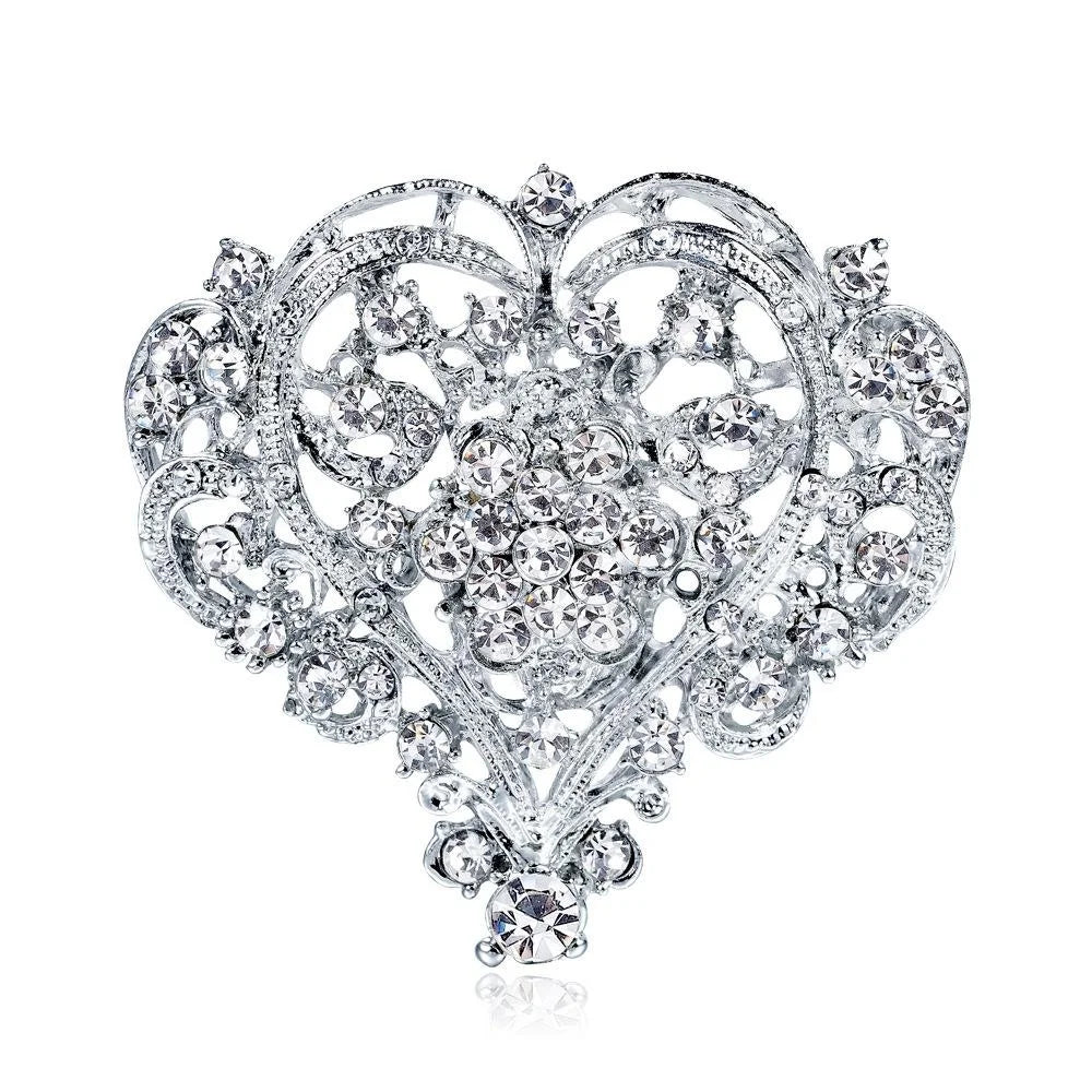 Luxury Large Heart Rhinestone Alloy Brooch For Women, Elegant Bridal Corsage Lapel Pin Suit Accessory
