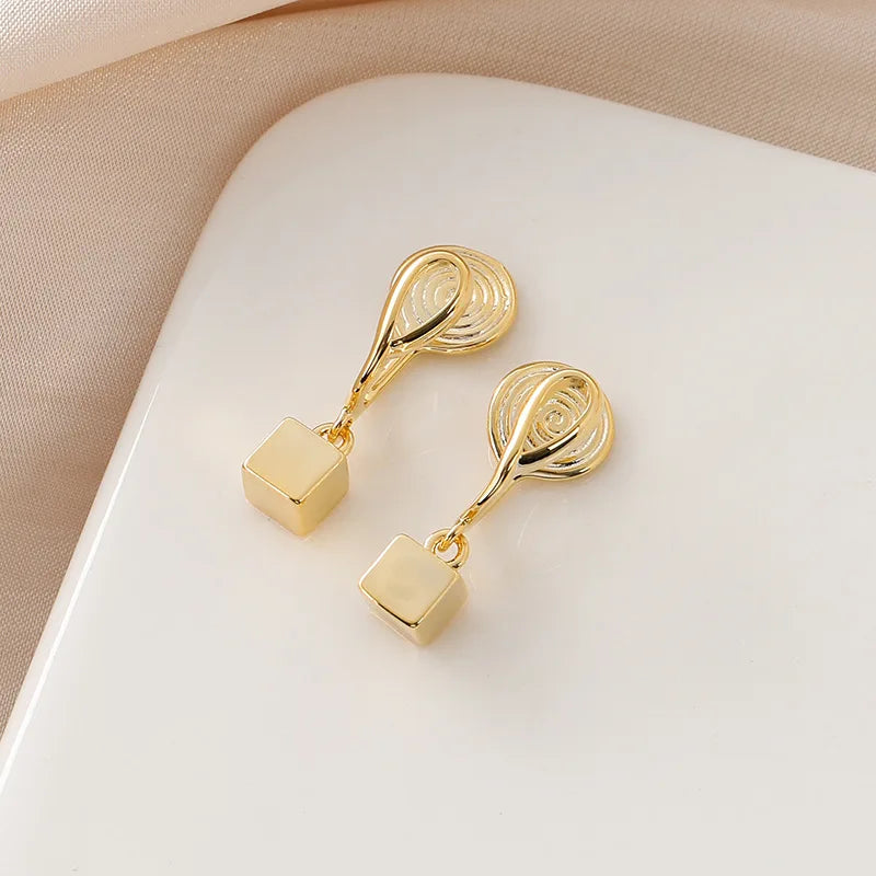 Elegant Gold Tone Alloy Spiral Disc With Square Cube Drop Stud & Clip On No Piercing Earrings