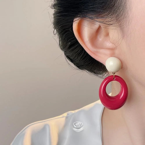 Ethnic Vintage Red Resin Round Oval Geometric Drop Earrings With Copper