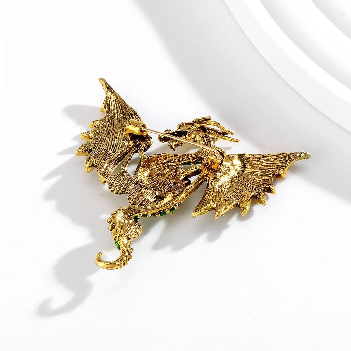 Vintage Fantasy Dragon Wing Brooch, Green Enamel Alloy Rhinestone Lapel Pin For Suit Accessory Gift