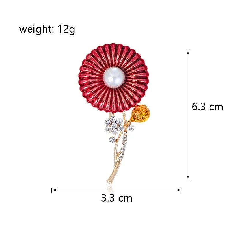 Elegant Red Enamel Daisy Flower Brooch With Pearl Center And Rhinestone Stem, Women's Lapel Pin Gift