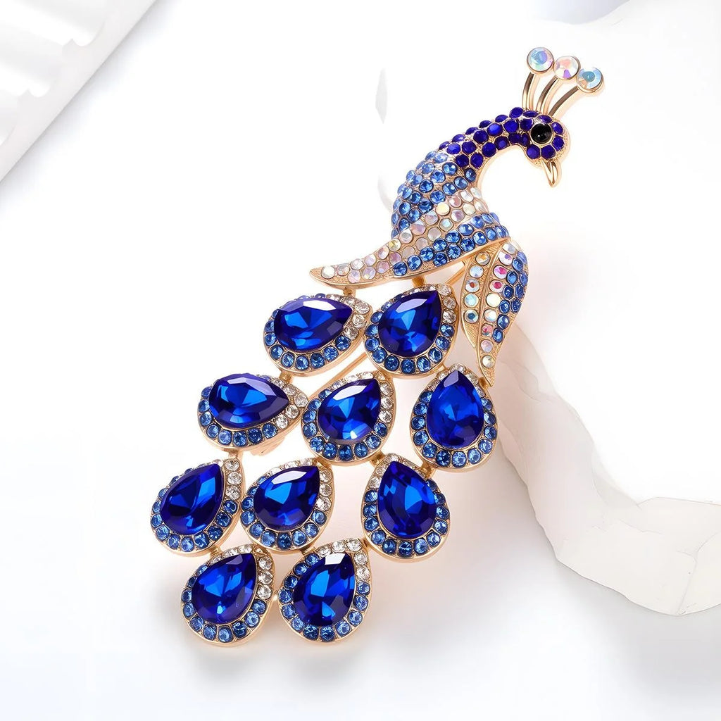 Luxury Blue Rhinestone Peacock Brooch, Elegant Alloy Animal Lapel Pin Corsage For Women's Suit Gift