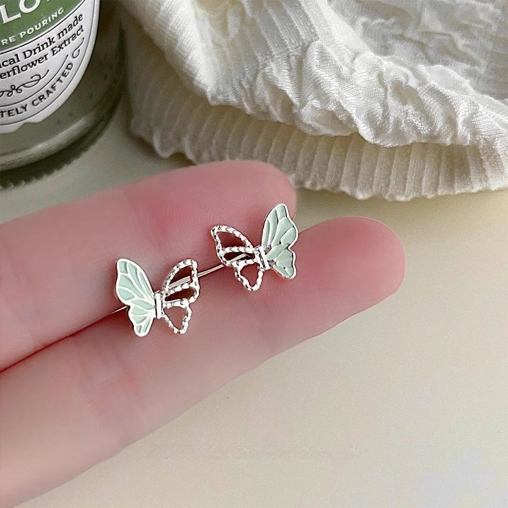 Fresh Sweet Enamel Butterfly Stud Earrings Copper Hollow Asymmetric Elegant Minimalist Jewelry