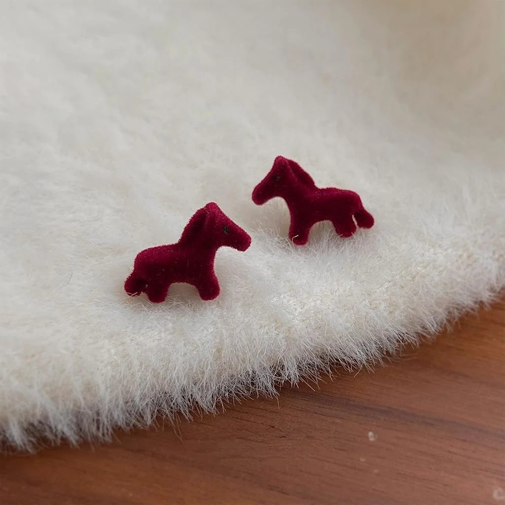 Burgundy Flocked Horse Stud Earrings, Hepburn Style Animal Zodiac Jewelry